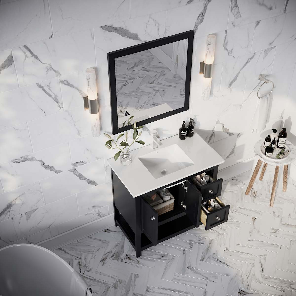 Manchester 36" Free Standing Single Basin Vanity Set with Cabinet, Quartz Vanity Top, and Framed Mirror