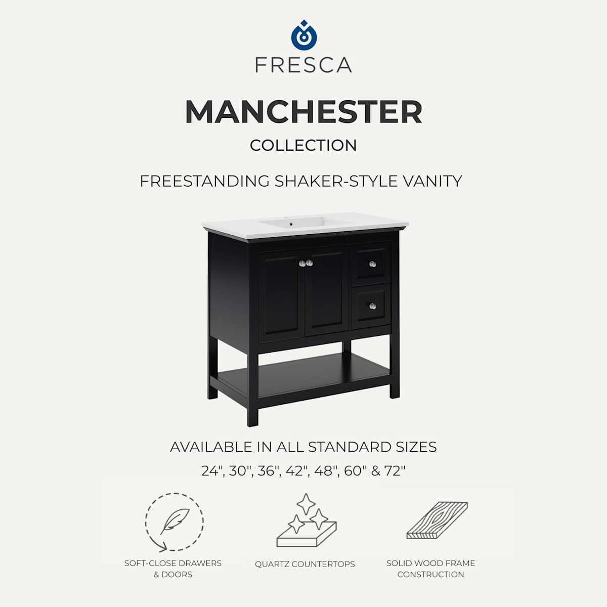 Manchester 36" Free Standing Single Basin Vanity Set with Cabinet, Quartz Vanity Top, and Framed Mirror