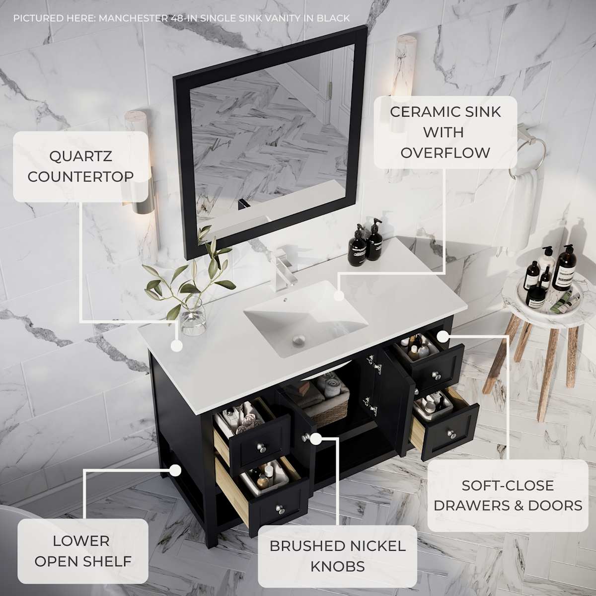 Manchester 36" Free Standing Single Basin Vanity Set with Cabinet, Quartz Vanity Top, and Framed Mirror