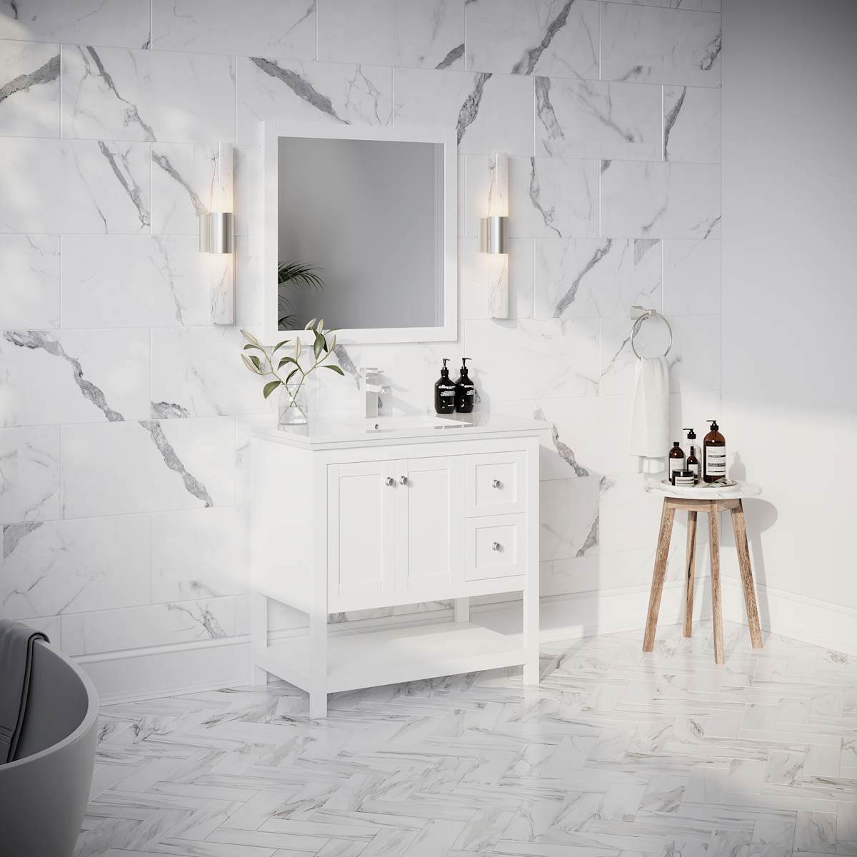 Manchester 36" Free Standing Single Basin Vanity Set with Cabinet, Quartz Vanity Top, and Framed Mirror - image 14