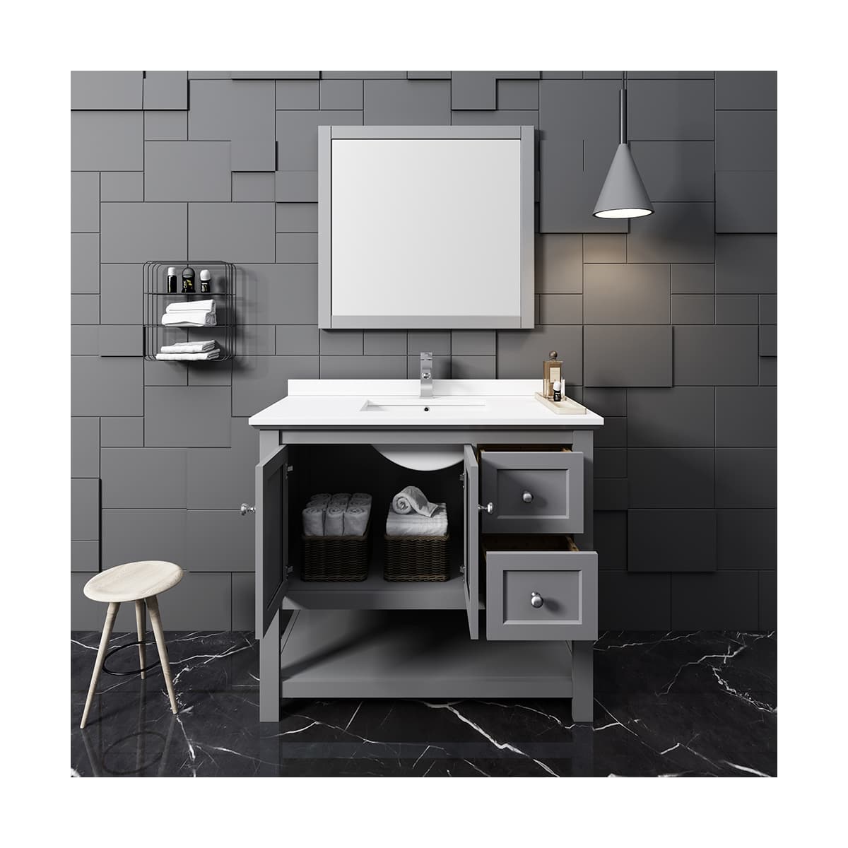 Manchester 42" Free Standing Single Basin Vanity Set with Cabinet, Quartz Vanity Top, and Framed Mirror - image 13