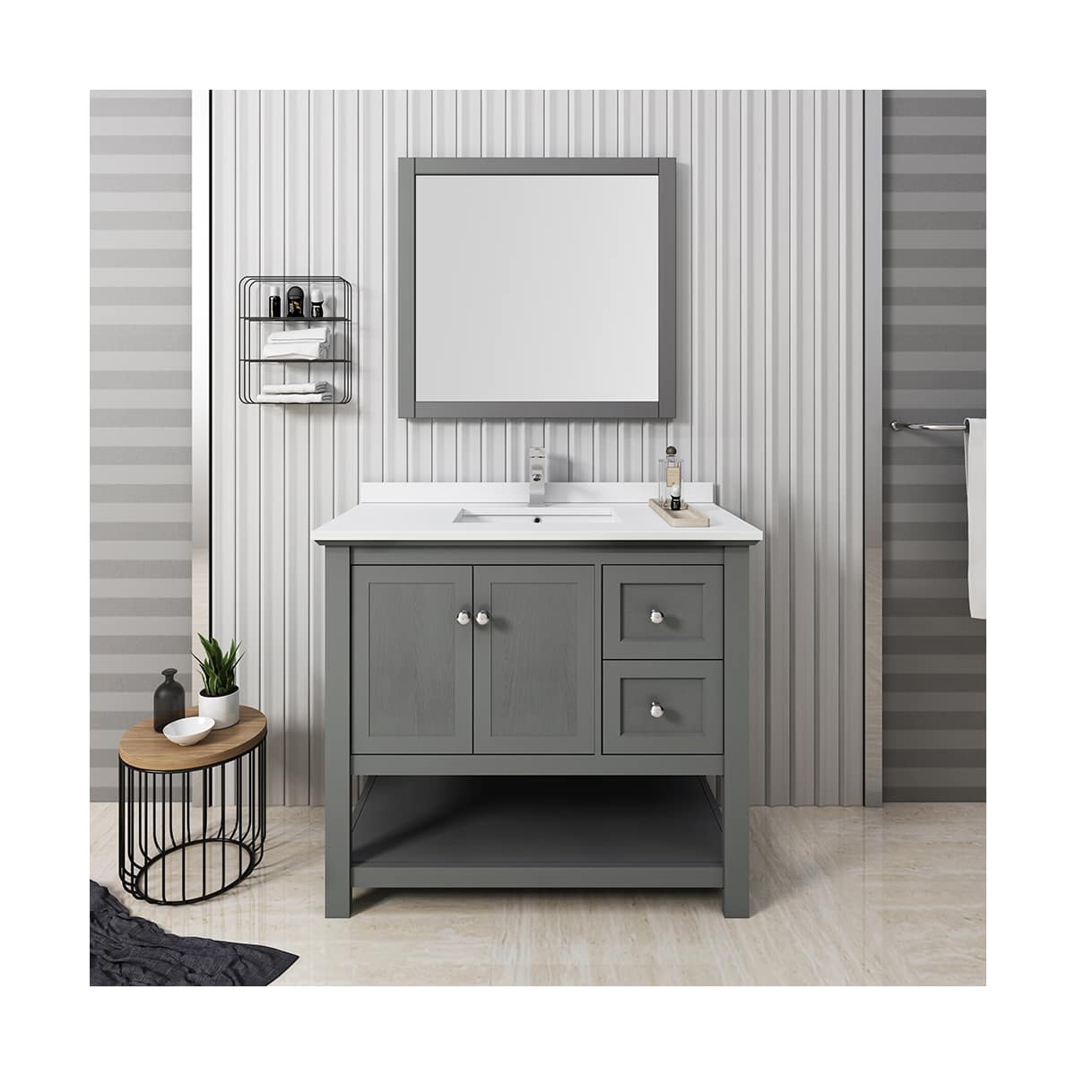 Manchester 42" Free Standing Single Basin Vanity Set with Cabinet, Quartz Vanity Top, and Framed Mirror - image 9