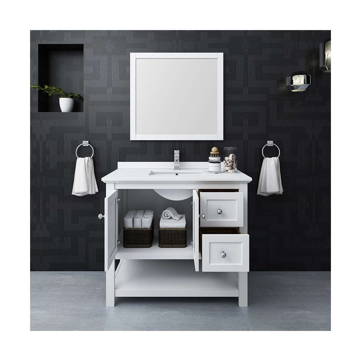 Manchester 42" Free Standing Single Basin Vanity Set with Cabinet, Quartz Vanity Top, and Framed Mirror