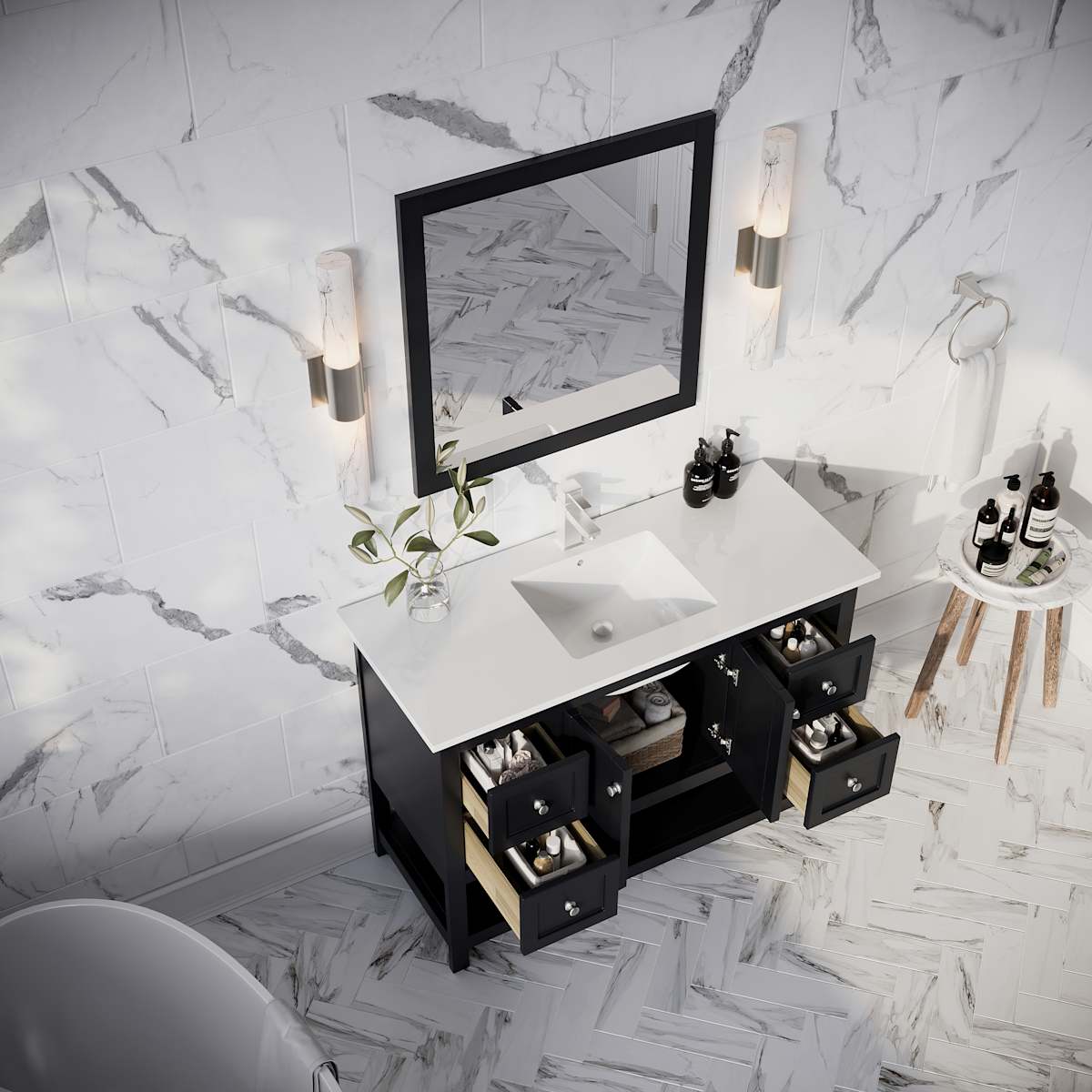 Manchester 48" Free Standing Single Basin Vanity Set with Cabinet, Quartz Vanity Top, and Framed Mirror