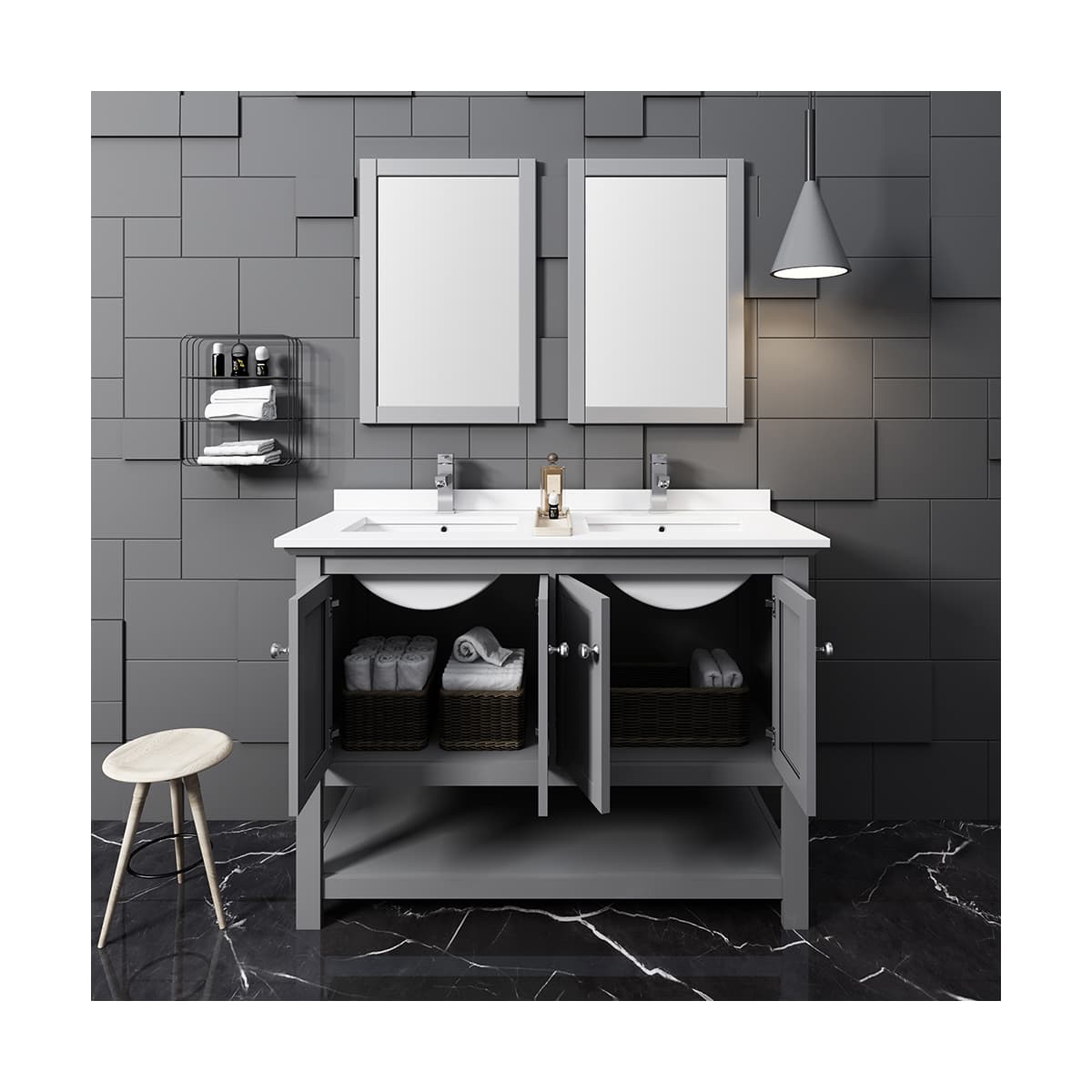 Manchester 48" Free Standing Double Basin Vanity Set with Cabinet, Quartz Vanity Top, and Framed Mirror