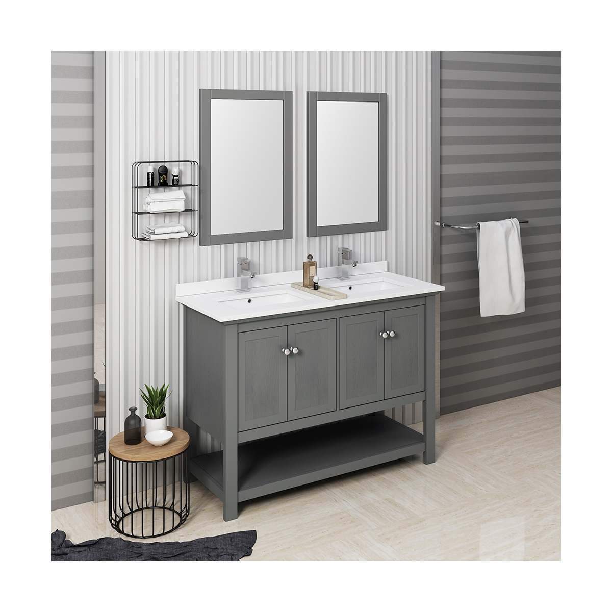 Manchester 48" Free Standing Double Basin Vanity Set with Cabinet, Quartz Vanity Top, and Framed Mirror