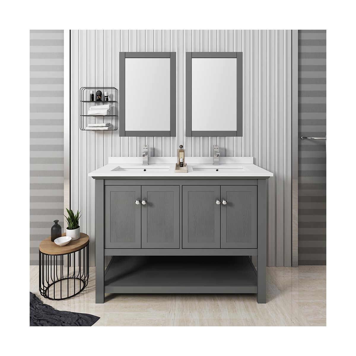 Manchester 48" Free Standing Double Basin Vanity Set with Cabinet, Quartz Vanity Top, and Framed Mirror