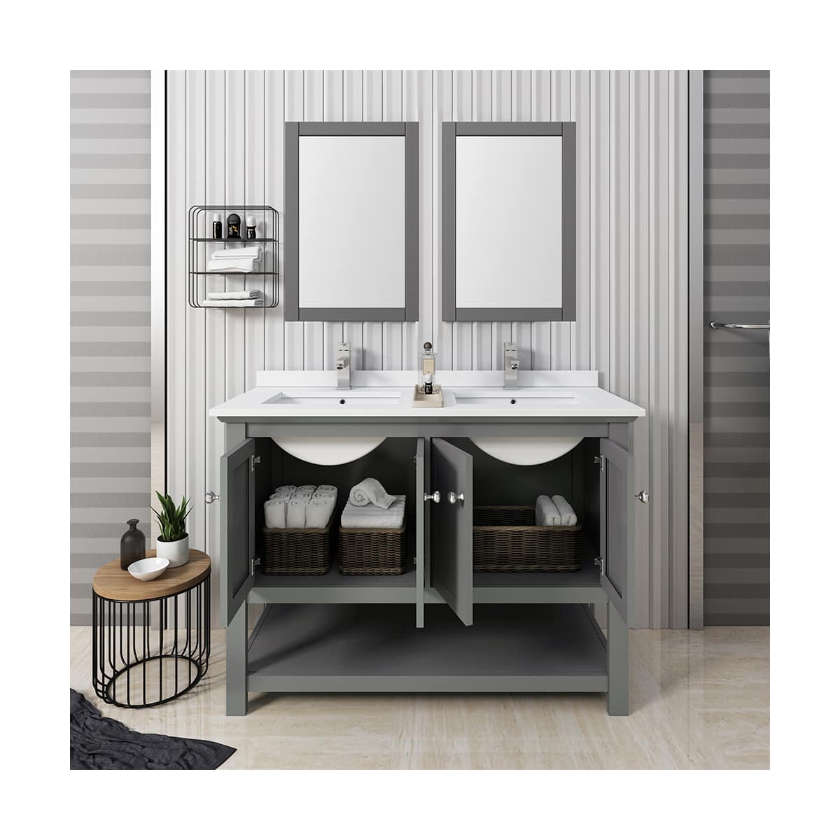Manchester 48" Free Standing Double Basin Vanity Set with Cabinet, Quartz Vanity Top, and Framed Mirror