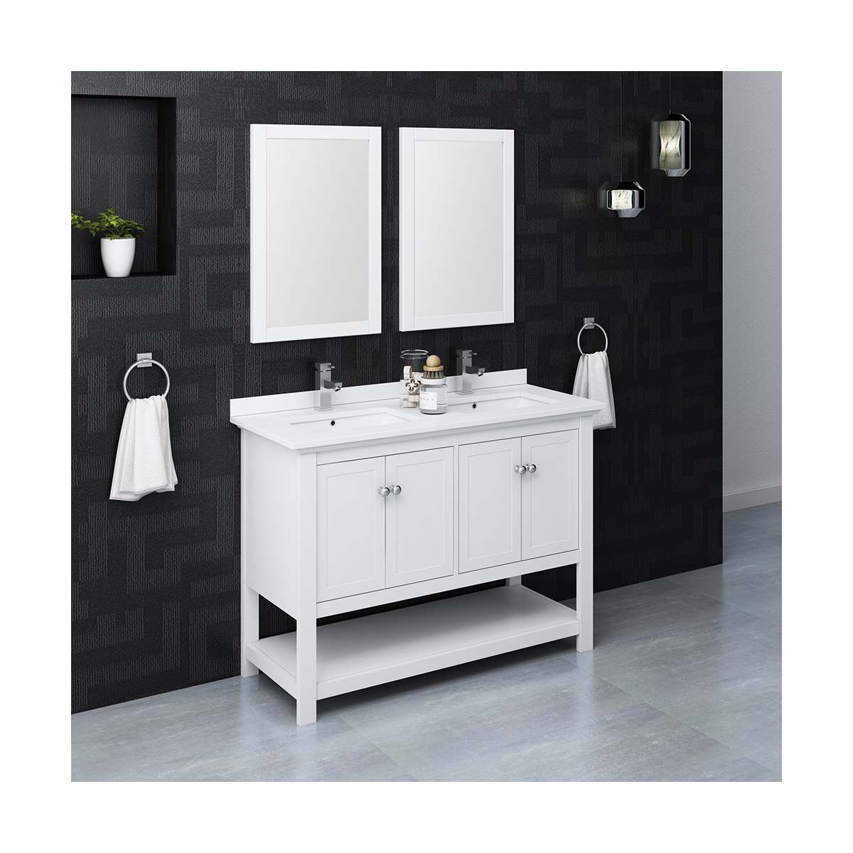 Manchester 48" Free Standing Double Basin Vanity Set with Cabinet, Quartz Vanity Top, and Framed Mirror