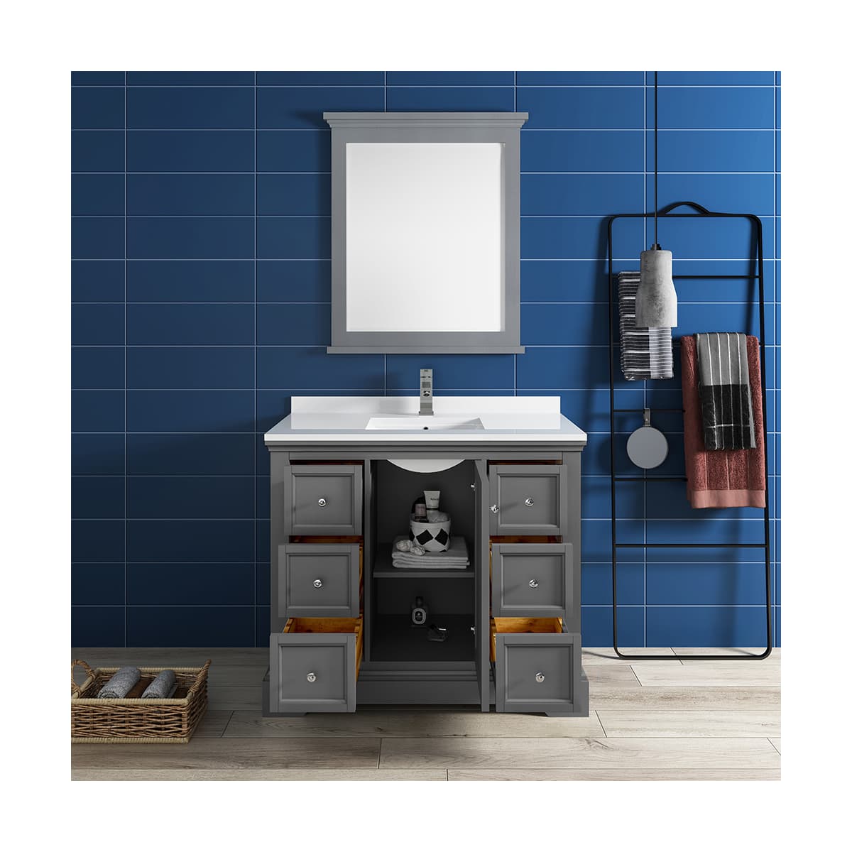 Windsor 40" Free Standing Single Basin Vanity Set with Cabinet, Quartz Vanity Top, and Framed Mirror