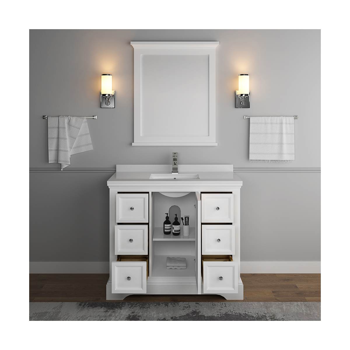 Windsor 40" Free Standing Single Basin Vanity Set with Cabinet, Quartz Vanity Top, and Framed Mirror