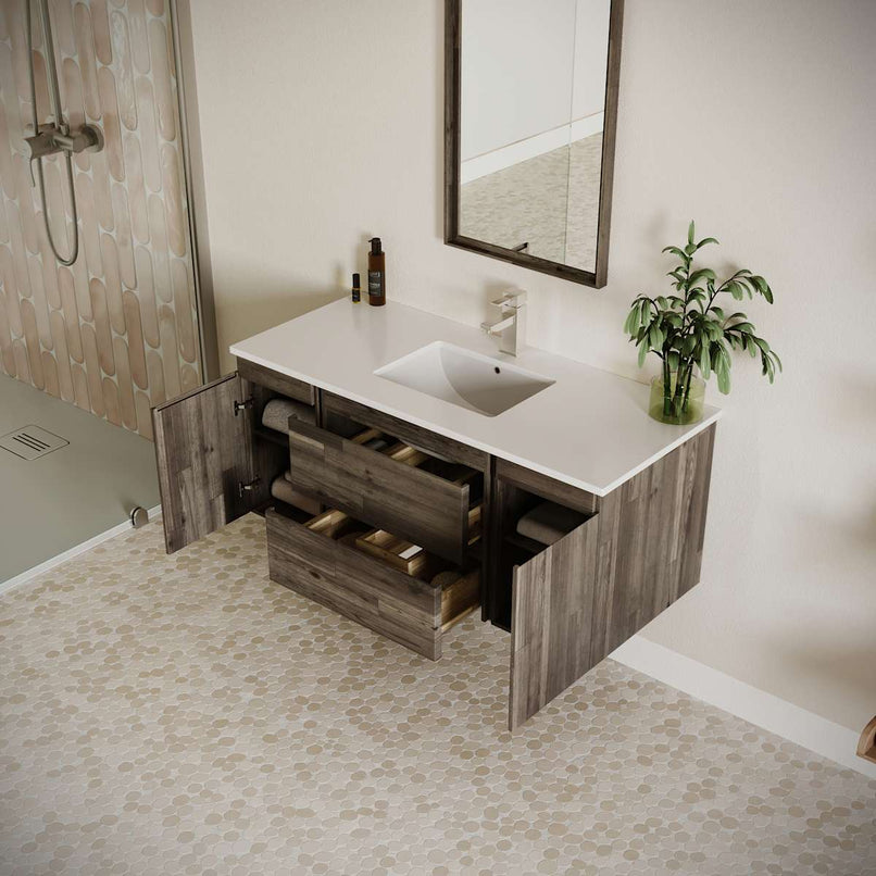 Formosa 48" Wall Mounted Single Basin Vanity Set with Cabinet, Quartz Vanity Top, and Framed Mirror - image 3