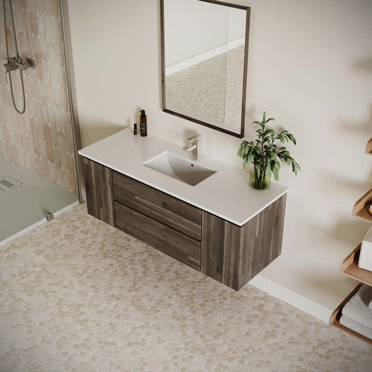 Formosa 54" Wall Mounted Single Basin Vanity Set with Cabinet, Quartz Vanity Top, and Framed Mirror
