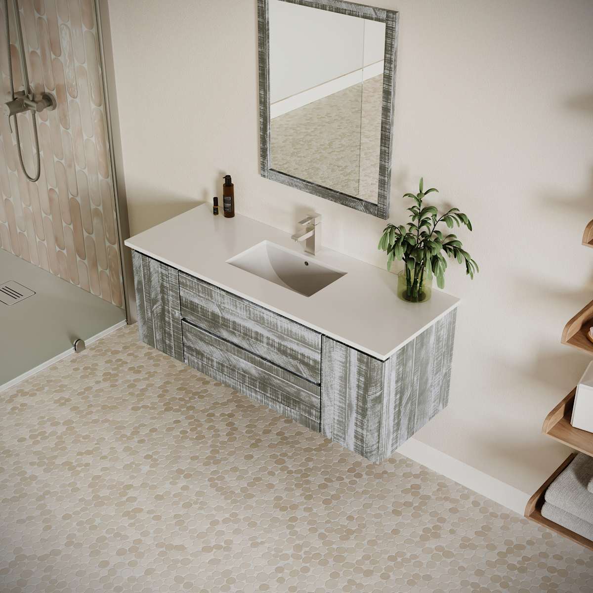 Formosa 54" Wall Mounted Single Basin Vanity Set with Cabinet, Quartz Vanity Top, and Framed Mirror - image 16