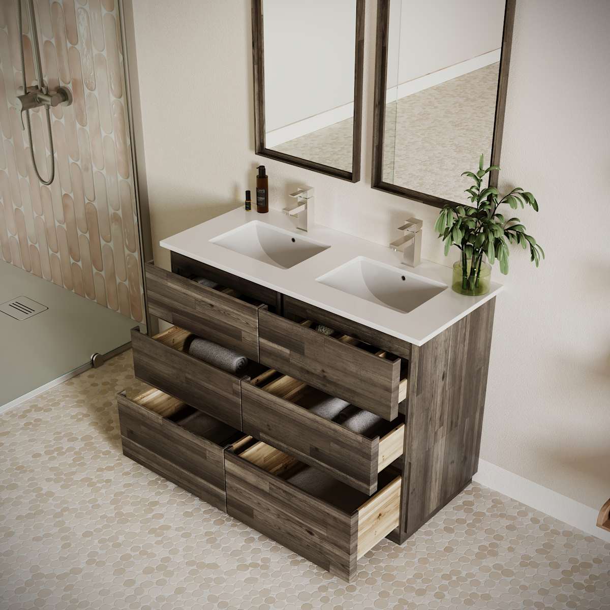 Formosa 48" Free Standing Double Basin Vanity Set with Cabinet, Quartz Vanity Top, and Framed Mirror