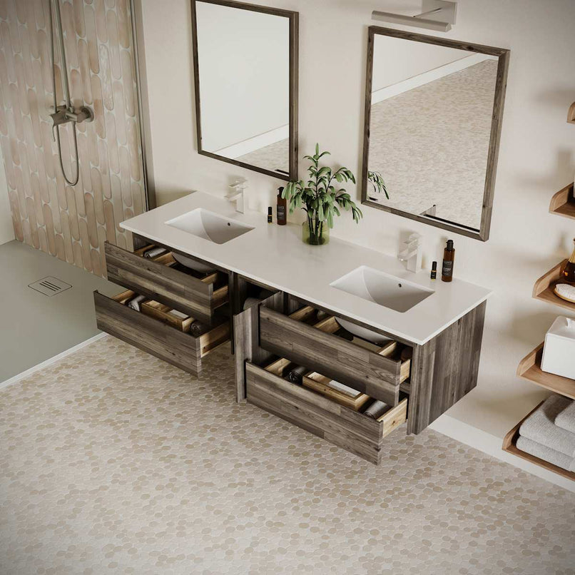 Formosa 72" Wall Mounted Double Basin Vanity Set with Cabinet, Quartz Vanity Top, and Framed Mirror - image 3