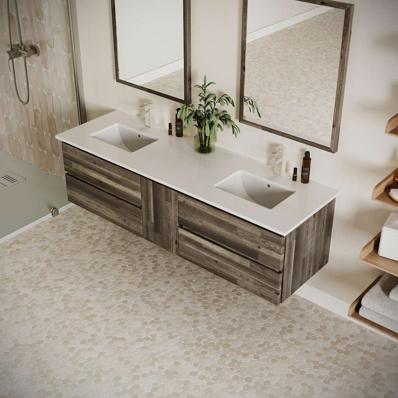 Formosa 72" Wall Mounted Double Basin Vanity Set with Cabinet, Quartz Vanity Top, and Framed Mirror - image 4