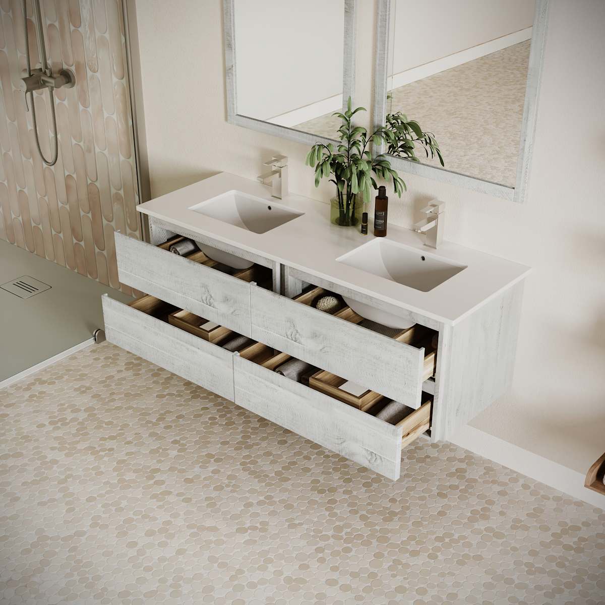 Formosa 60" Wall Mounted Double Basin Vanity Set with Cabinet, Quartz Vanity Top, and Framed Mirror - image 15