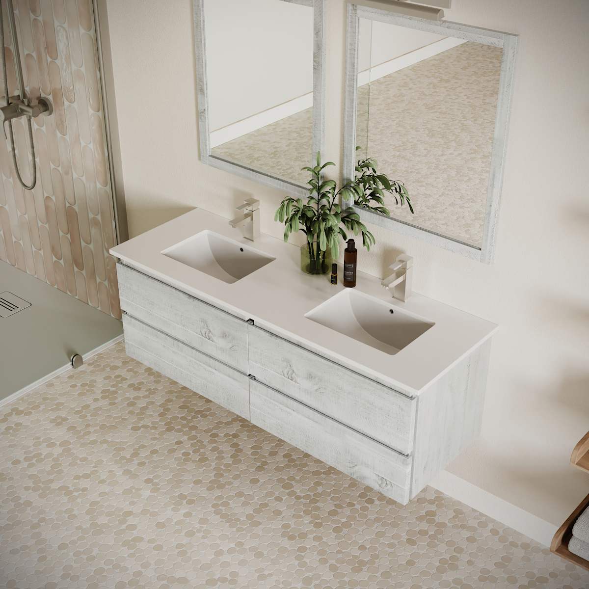 Formosa 60" Wall Mounted Double Basin Vanity Set with Cabinet, Quartz Vanity Top, and Framed Mirror - image 16
