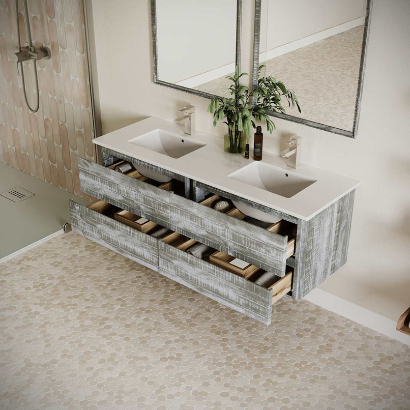 Formosa 60" Wall Mounted Double Basin Vanity Set with Cabinet, Quartz Vanity Top, and Framed Mirror - image 21