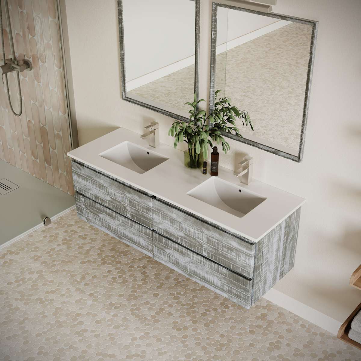 Formosa 60" Wall Mounted Double Basin Vanity Set with Cabinet, Quartz Vanity Top, and Framed Mirror - image 22