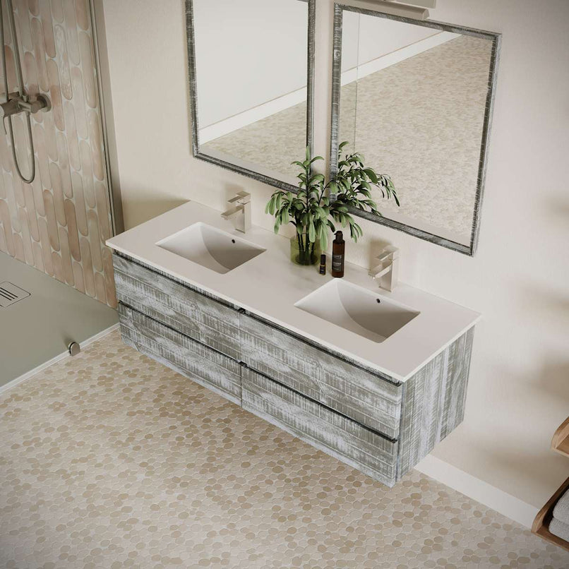 Formosa 60" Wall Mounted Double Basin Vanity Set with Cabinet, Quartz Vanity Top, and Framed Mirror - image 22