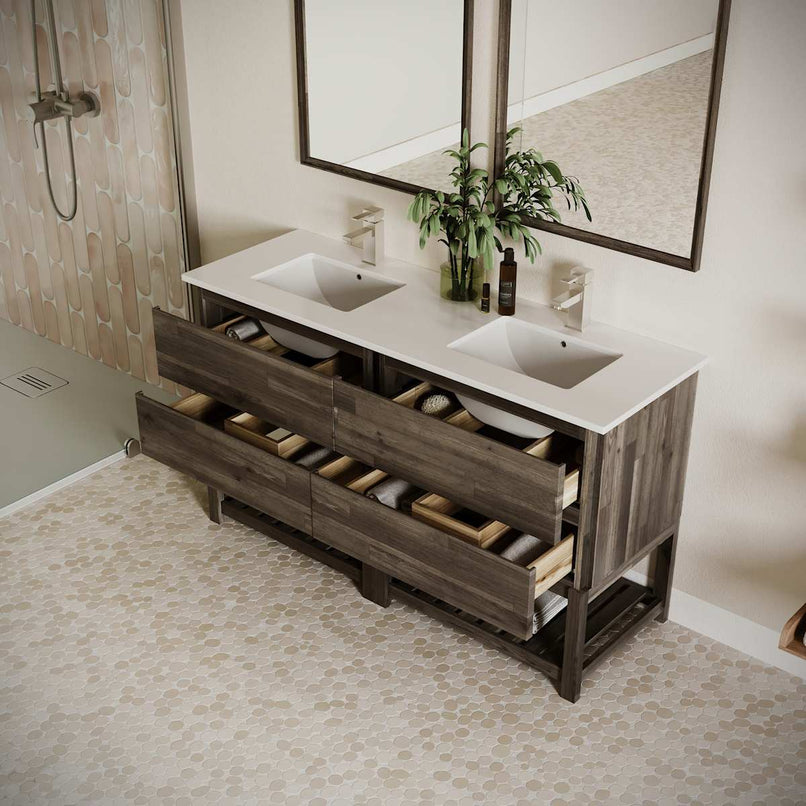 Formosa 60" Free Standing Double Basin Vanity Set with Cabinet, Quartz Vanity Top, and Framed Mirror - image 3