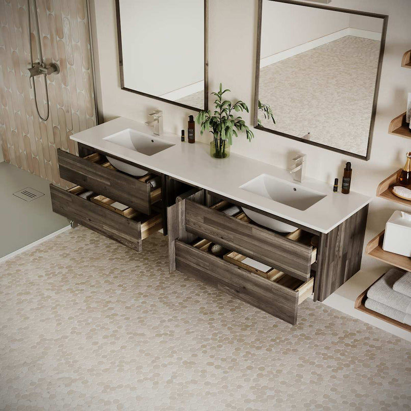 Formosa 84" Wall Mounted Double Basin Vanity Set with Cabinet, Quartz Vanity Top, and Framed Mirror - image 3