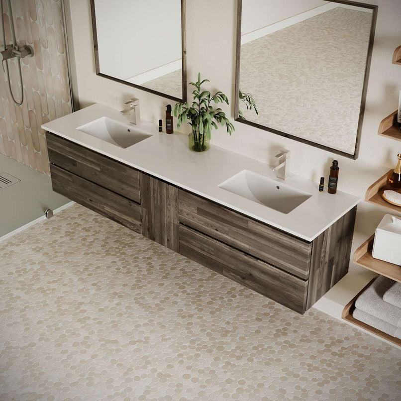 Formosa 84" Wall Mounted Double Basin Vanity Set with Cabinet, Quartz Vanity Top, and Framed Mirror - image 4
