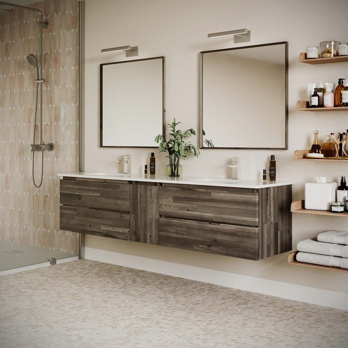 Formosa 84" Wall Mounted Double Basin Vanity Set with Cabinet, Quartz Vanity Top, and Framed Mirror