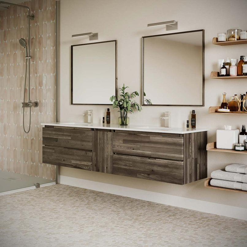 Formosa 84" Wall Mounted Double Basin Vanity Set with Cabinet, Quartz Vanity Top, and Framed Mirror - image 5