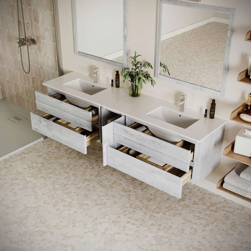 Formosa 84" Wall Mounted Double Basin Vanity Set with Cabinet, Quartz Vanity Top, and Framed Mirror - image 15