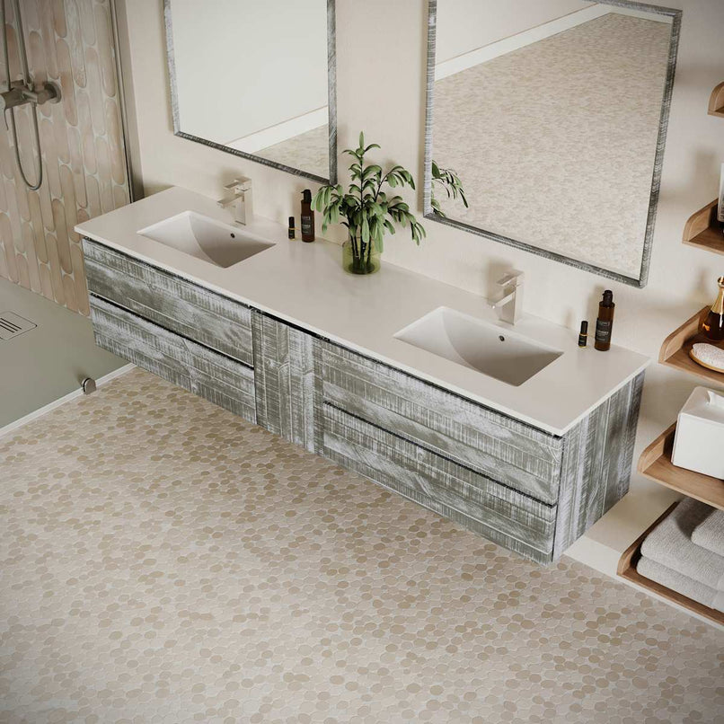 Formosa 84" Wall Mounted Double Basin Vanity Set with Cabinet, Quartz Vanity Top, and Framed Mirror - image 23