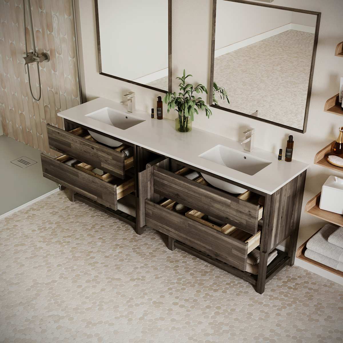 Formosa 84" Free Standing Double Basin Vanity Set with Cabinet, Quartz Vanity Top, and Framed Mirror