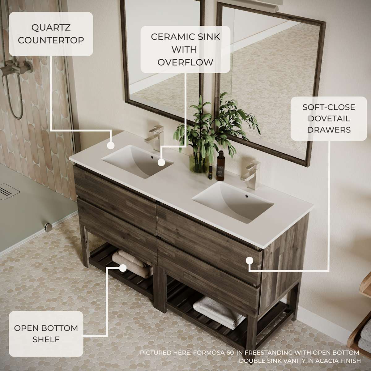 Formosa 84" Free Standing Double Basin Vanity Set with Cabinet, Quartz Vanity Top, and Framed Mirror