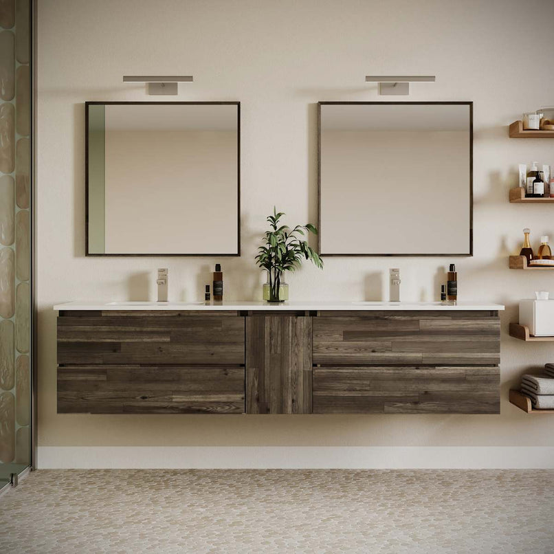 Formosa 84" Wall Mounted Double Basin Vanity Set with Cabinet, Quartz Vanity Top, and Framed Mirror - image 1