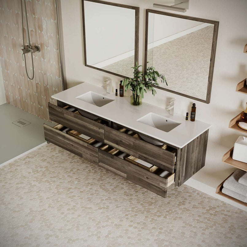 Formosa 72" Wall Mounted Double Basin Vanity Set with Cabinet, Quartz Vanity Top, and Framed Mirror - image 3