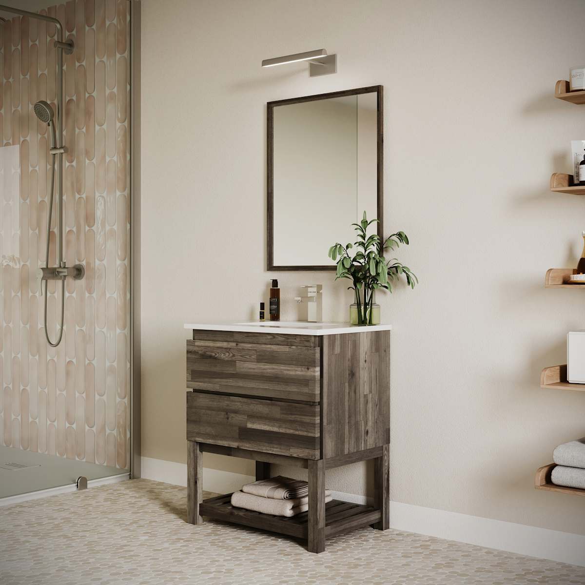 Formosa 30" Free Standing Single Basin Vanity Set with Cabinet, Quartz Vanity Top, and Framed Mirror