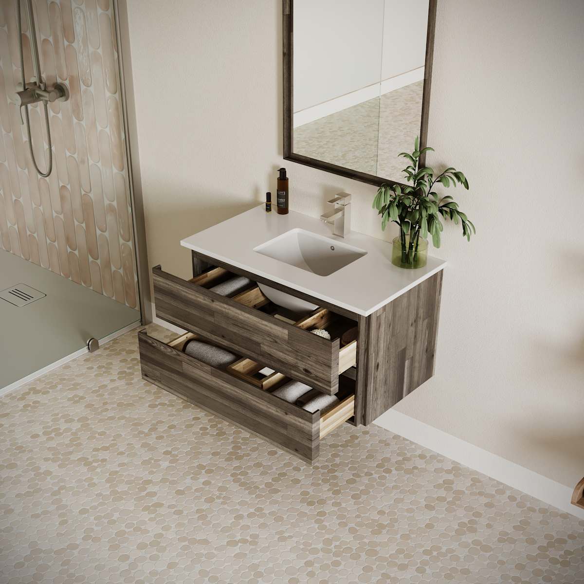 Formosa 36" Wall Mounted Single Basin Vanity Set with Cabinet, Quartz Vanity Top, and Framed Mirror
