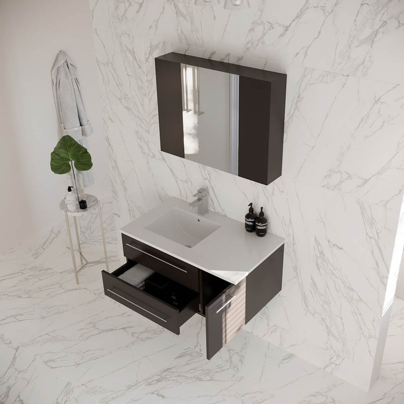 Lucera 36" Wall Mounted Single Basin Vanity Set with Cabinet, Quartz Vanity Top, Medicine Cabinet, and Left Offset Rectangular Sink - image 3