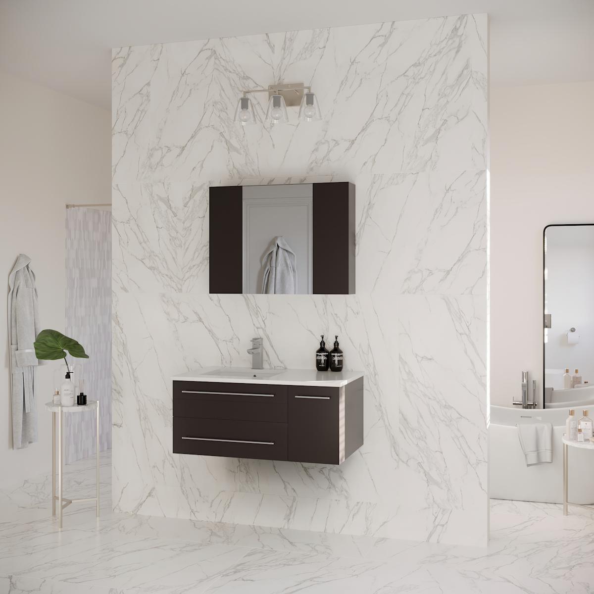 Lucera 36" Wall Mounted Single Basin Vanity Set with Cabinet, Quartz Vanity Top, Medicine Cabinet, and Left Offset Rectangular Sink