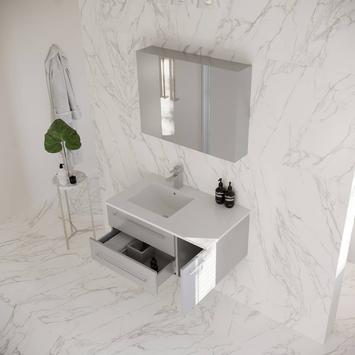 Lucera 36" Wall Mounted Single Basin Vanity Set with Cabinet, Quartz Vanity Top, Medicine Cabinet, and Left Offset Rectangular Sink