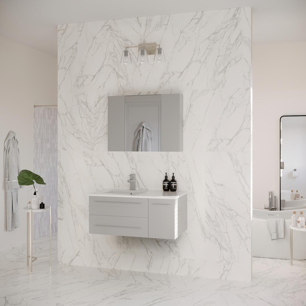 Lucera 36" Wall Mounted Single Basin Vanity Set with Cabinet, Quartz Vanity Top, Medicine Cabinet, and Left Offset Rectangular Sink