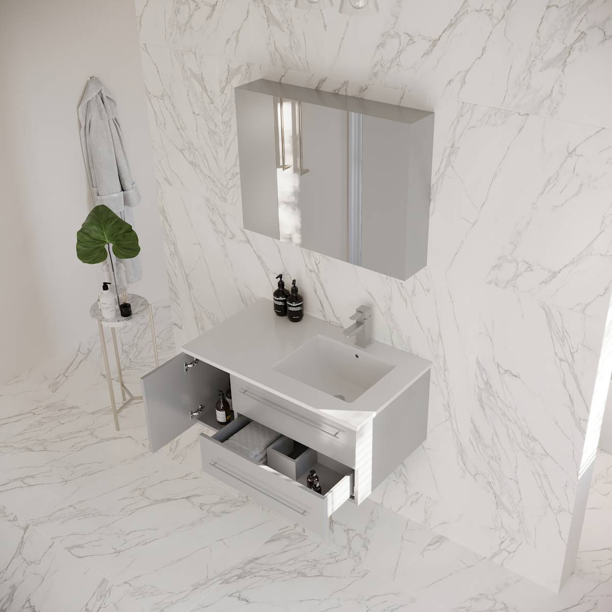Lucera 36" Wall Mounted Single Basin Vanity Set with Cabinet, Quartz Vanity Top, Medicine Cabinet, and Right Offset Rectangular Sink