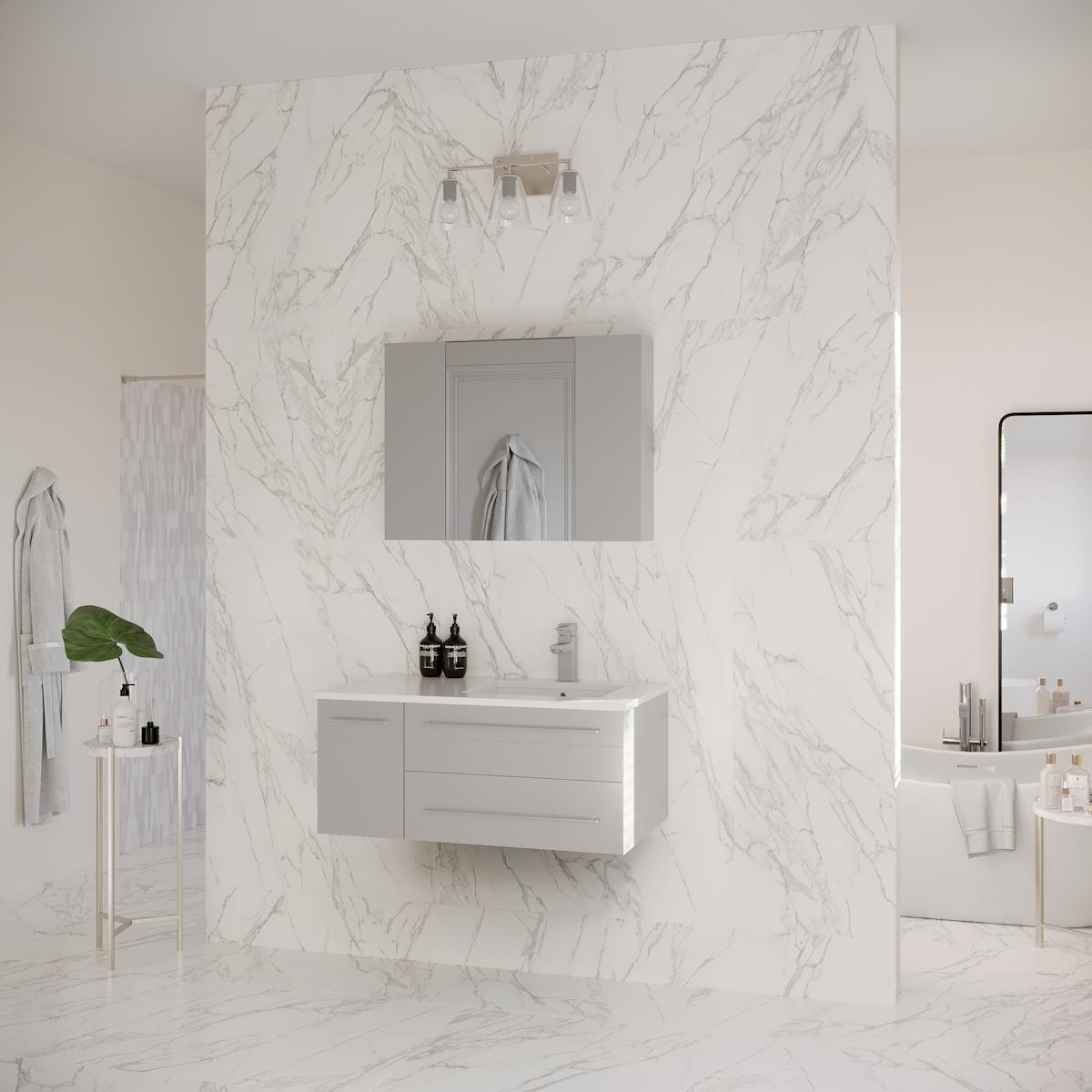 Lucera 36" Wall Mounted Single Basin Vanity Set with Cabinet, Quartz Vanity Top, Medicine Cabinet, and Right Offset Rectangular Sink