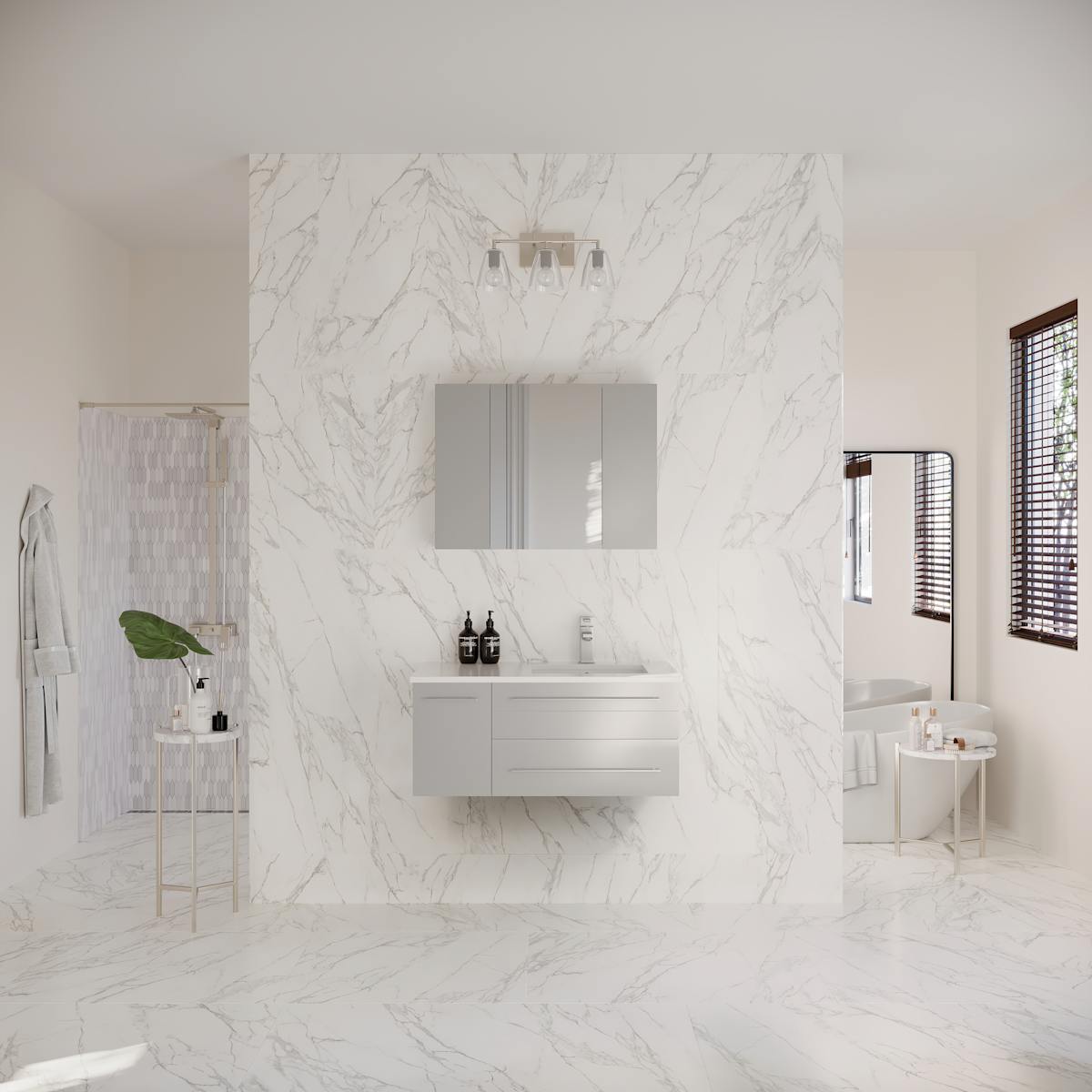 Lucera 36" Wall Mounted Single Basin Vanity Set with Cabinet, Quartz Vanity Top, Medicine Cabinet, and Right Offset Rectangular Sink