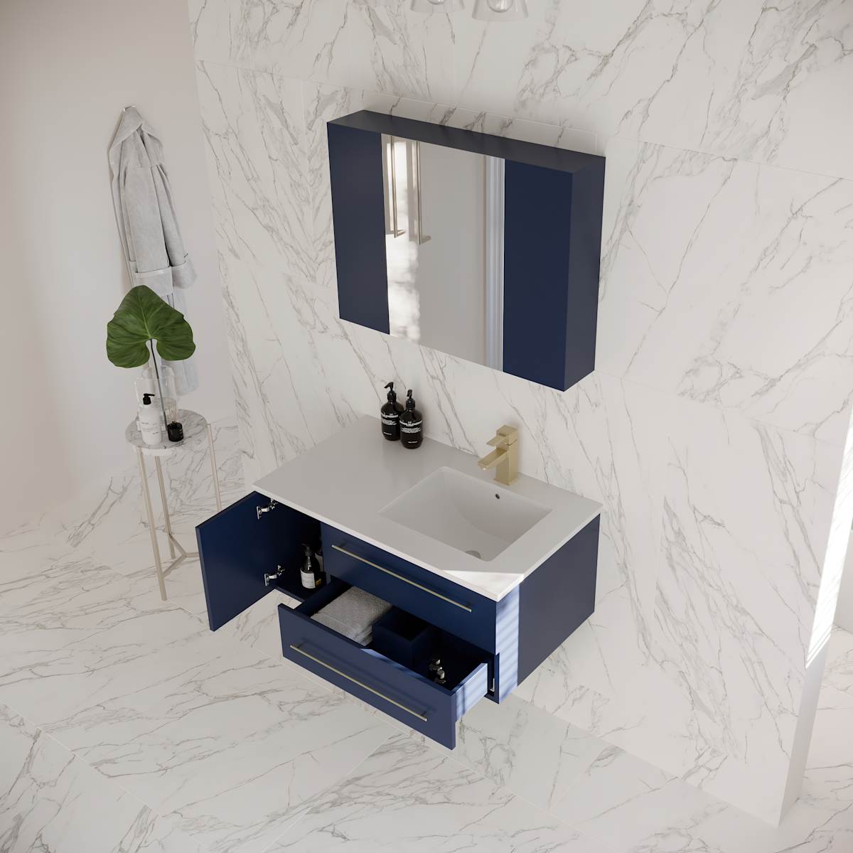 Lucera 36" Wall Mounted Single Basin Vanity Set with Cabinet, Quartz Vanity Top, Medicine Cabinet, and Right Offset Rectangular Sink