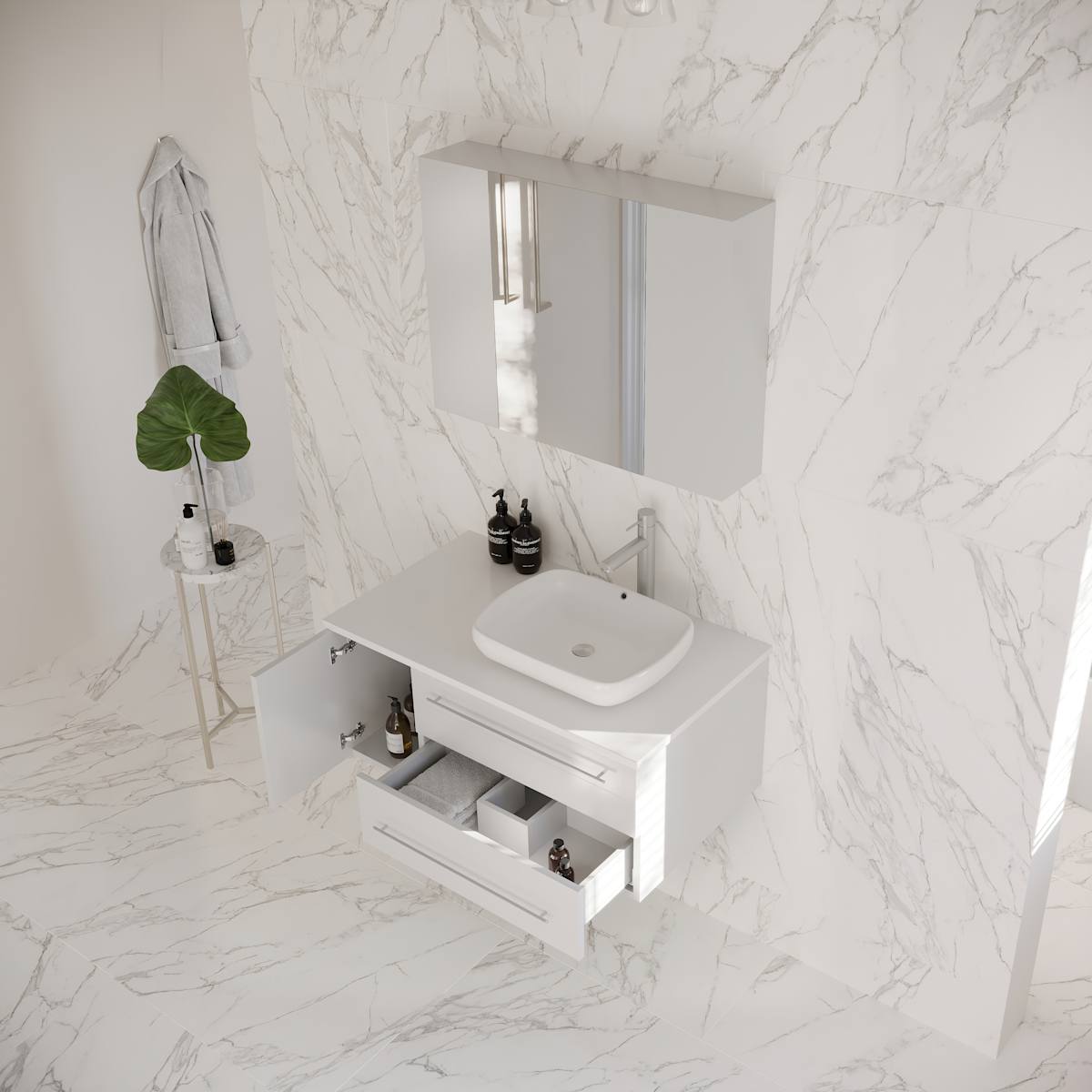 Lucera 36" Wall Mounted Single Basin Vanity Set with Cabinet, Quartz Vanity Top, Medicine Cabinet, and Right Offset Rectangular Vessel Sink