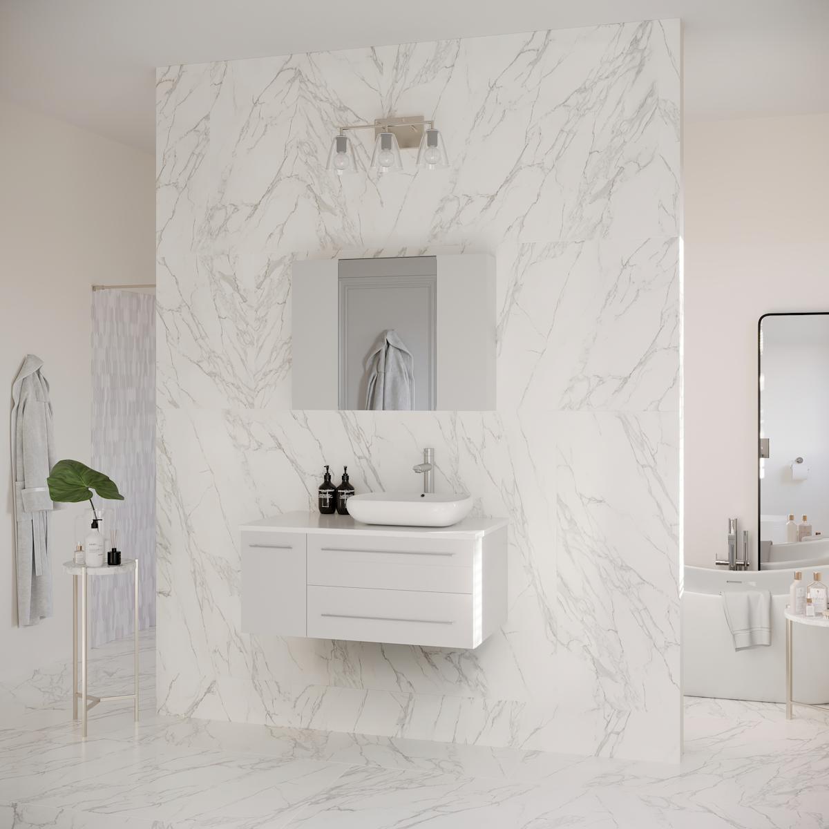 Lucera 36" Wall Mounted Single Basin Vanity Set with Cabinet, Quartz Vanity Top, Medicine Cabinet, and Right Offset Rectangular Vessel Sink