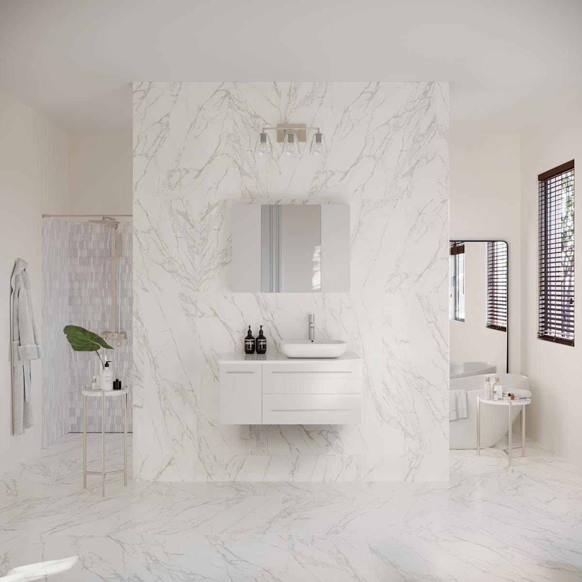 Lucera 36" Wall Mounted Single Basin Vanity Set with Cabinet, Quartz Vanity Top, Medicine Cabinet, and Right Offset Rectangular Vessel Sink